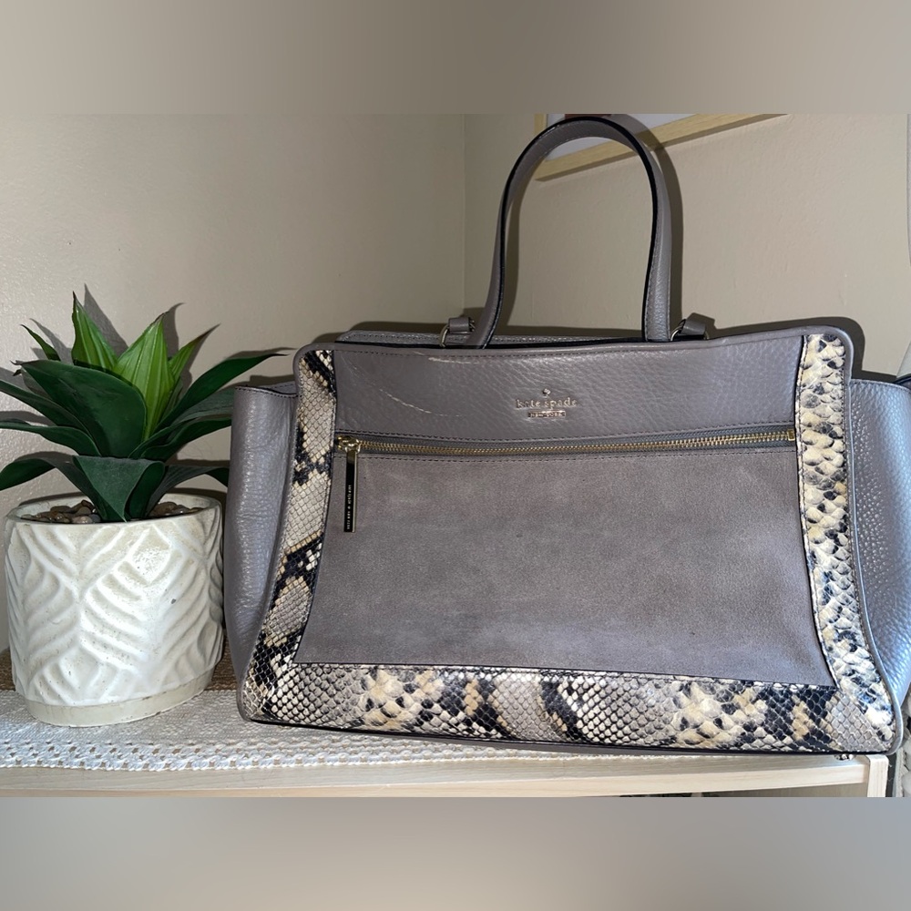 kate spade gray snake-print trim leather & suede shoulder tote